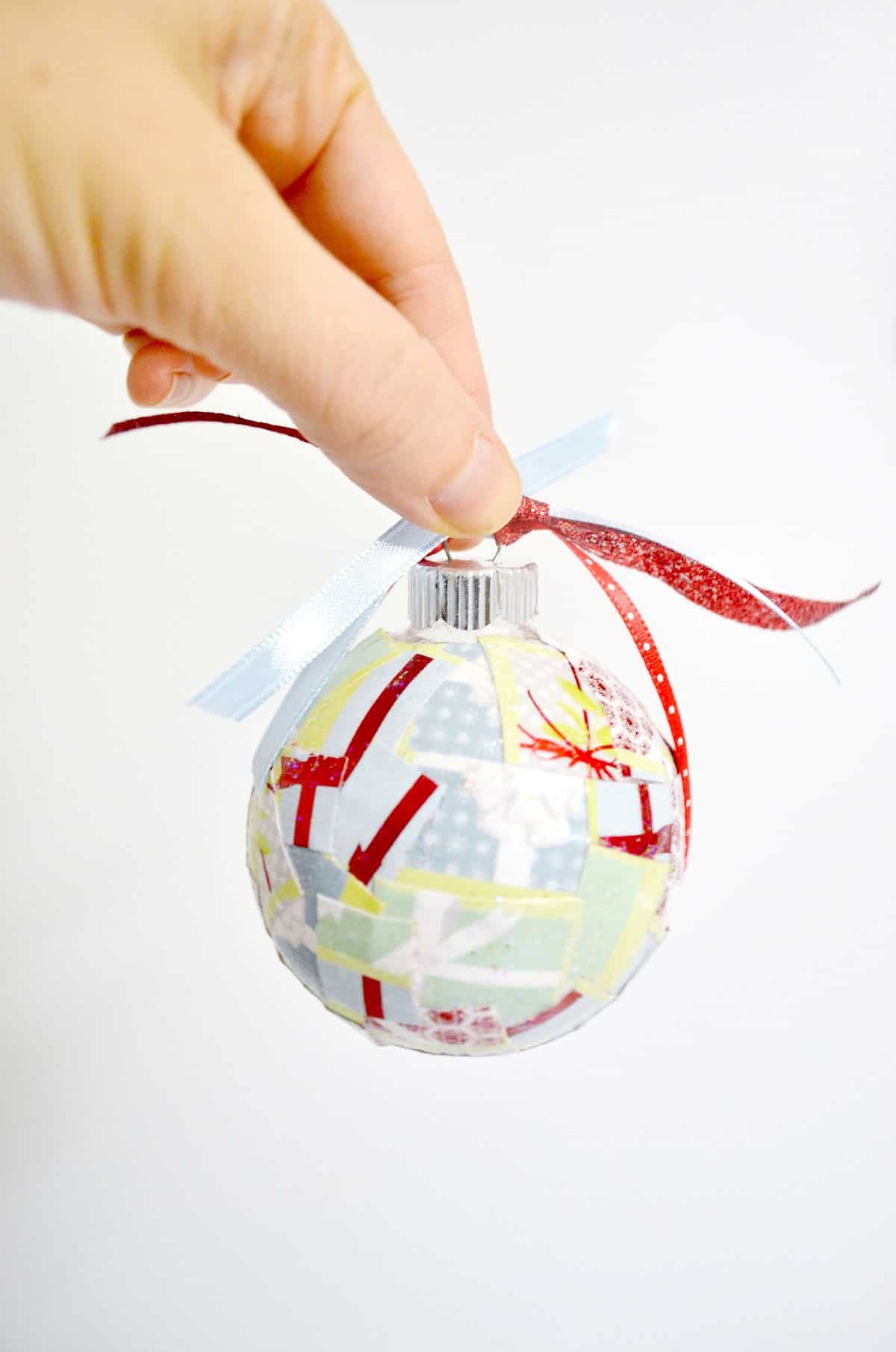 Paper christmas ornaments made with Mod Podge