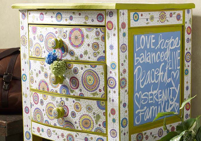 DIY side table decorated with adult coloring pages