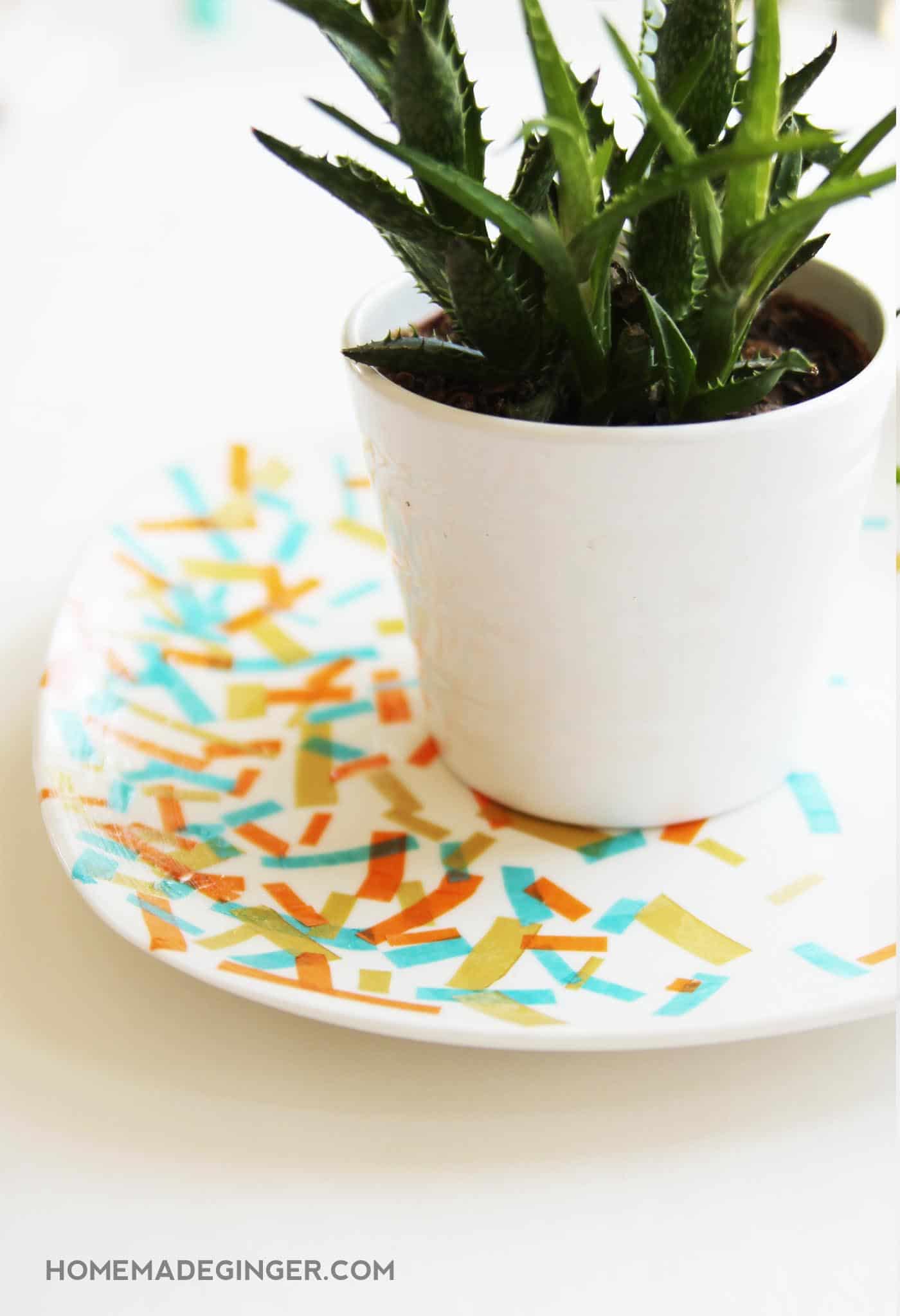 Dollar Tree plate decorated with tissue paper