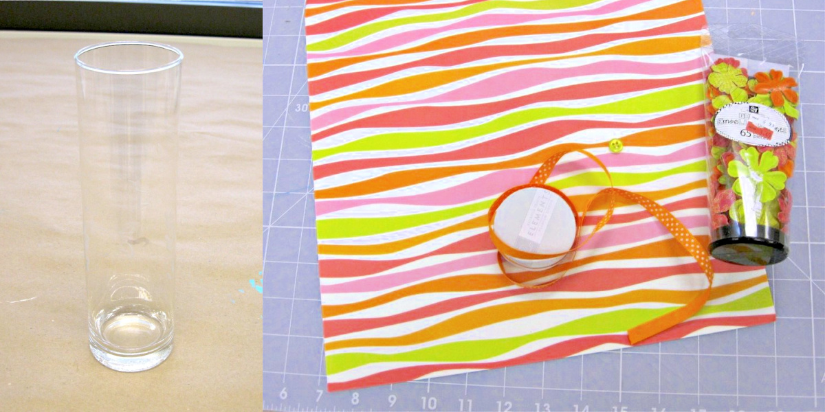 Glass vase, scrapbook paper, ribbon, and faux flowers