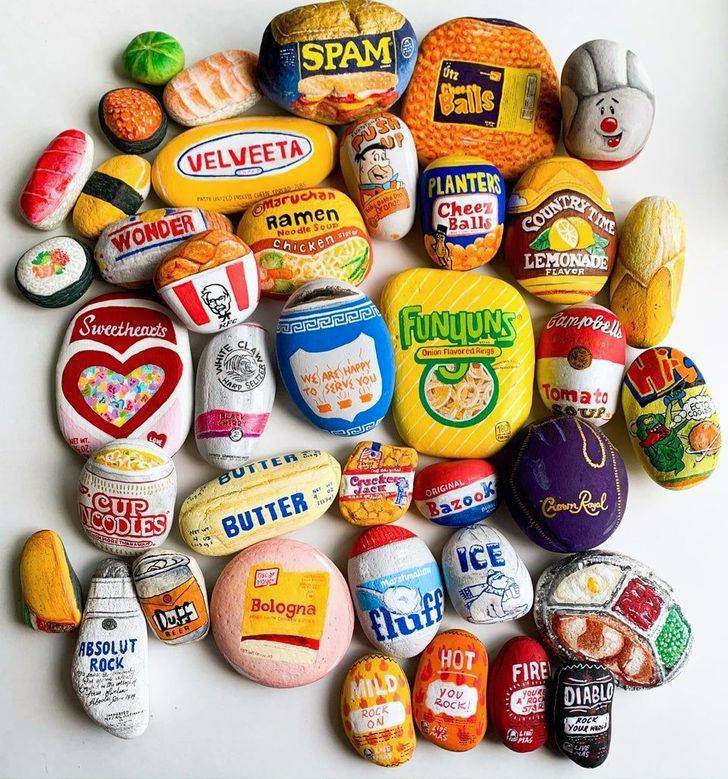 food label rock painting